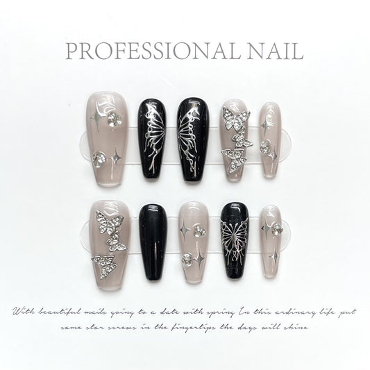 Blushing Monochrome Butterfly| Long Medium Coffin Manicure|Handmade Press on Nails H41