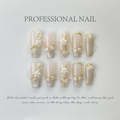 Floarl Elegance| Long Coffin Manicure  |Handmade Press on Nails H148