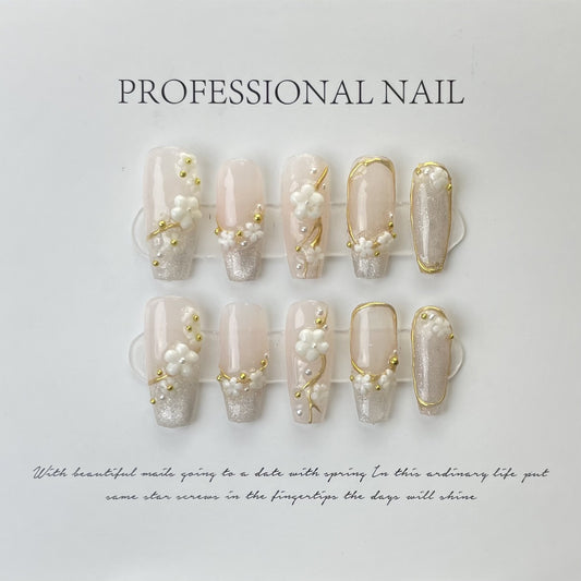 Floarl Elegance| Long Coffin Manicure  |Handmade Press on Nails H148