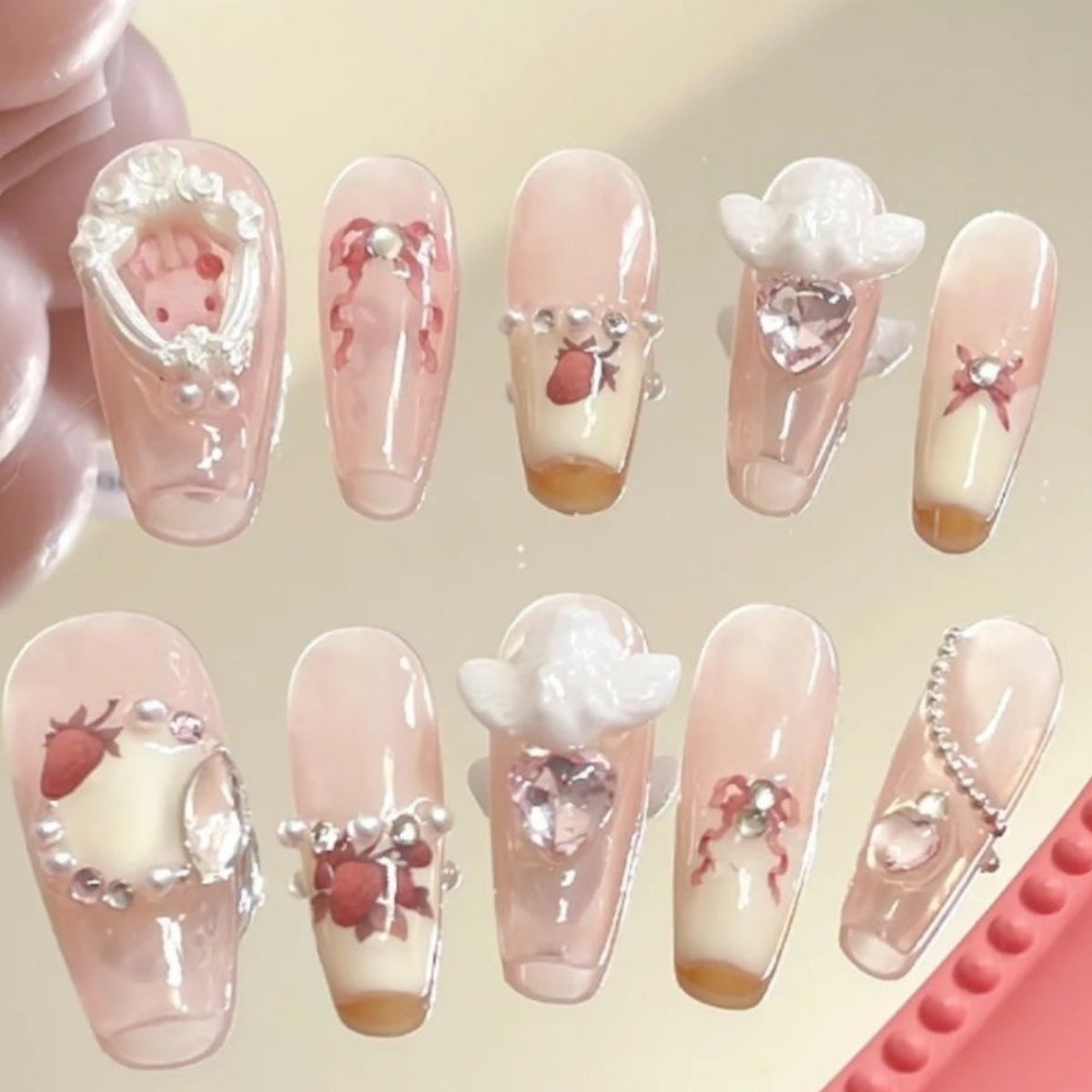 Sweet Strawberry Bunny| Long Coffin Manicure  | Handmade Press on Nails H35