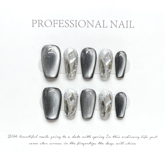 Shadowy Spark| Long Coffin Manicure| Handmade Press on Nails H211