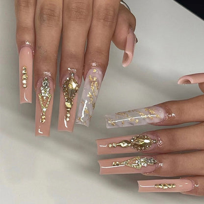 Luxe Peachy Sparkle| Long Coffin Manicure | Press On Nails N619