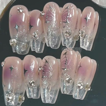 Blushing Monochrome Butterfly| Long Medium Coffin Manicure|Handmade Press on Nails H41