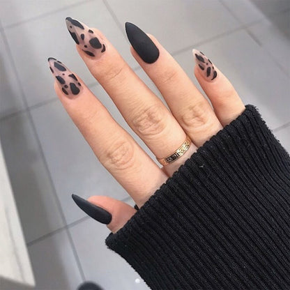 Matte Black Leopard| Medium Almond Manicure| Press On Nails N471