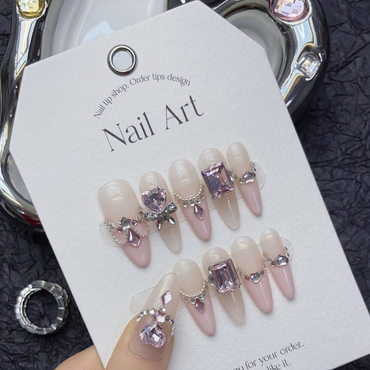 Angelic Glow|Long Almond Manicure | Handmade Press On Nails H225