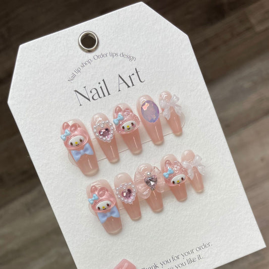 Sweet Melody |Long Coffin Manicure | Handmade Press On Nails H161