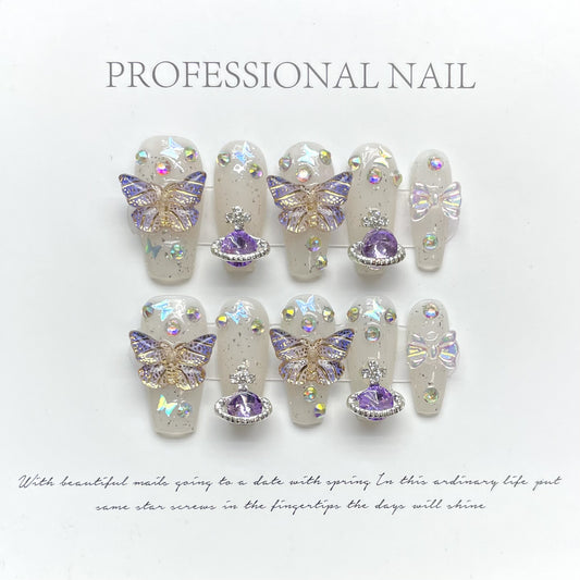 lilac Butterfly| Medium Coffin Manicure | Handmade Press On Nail H246