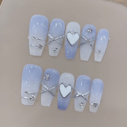 Soothing Azure| Long Coffin Manicure  | Handmade Press on Nails H46