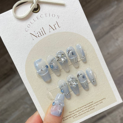 Hazy Blue Snowflake| Long Coffin Manicure  | Handmade Press on Nails H223