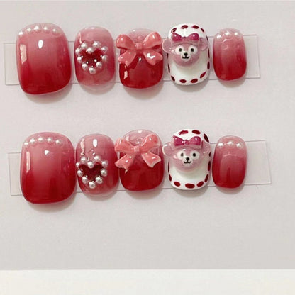 Lovely Strawberry Bear  | Short Squoval Manicure | Handmade Press On Nails H100