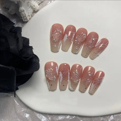 Camellia Glamour | Long Almond Manicure |Handmade Press On Nails H167