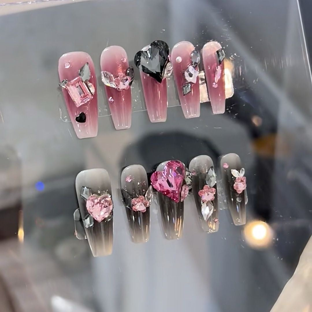 Dazzling Y2K BlackPink| Long Coffin Manicure| Handmade Press on Nails H86