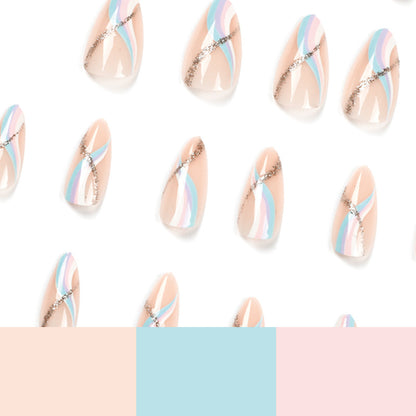 Tranquil Pink Blue Waves| Medium Almond Manicure | Press On Nails N392