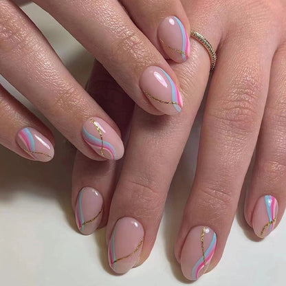 Tranquil Pink Blue Waves| Medium Almond Manicure | Press On Nails N392