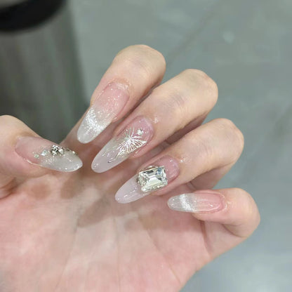 Soft Silver Butterfly| Long Almond Manicure | Handmade Press On Nails H282