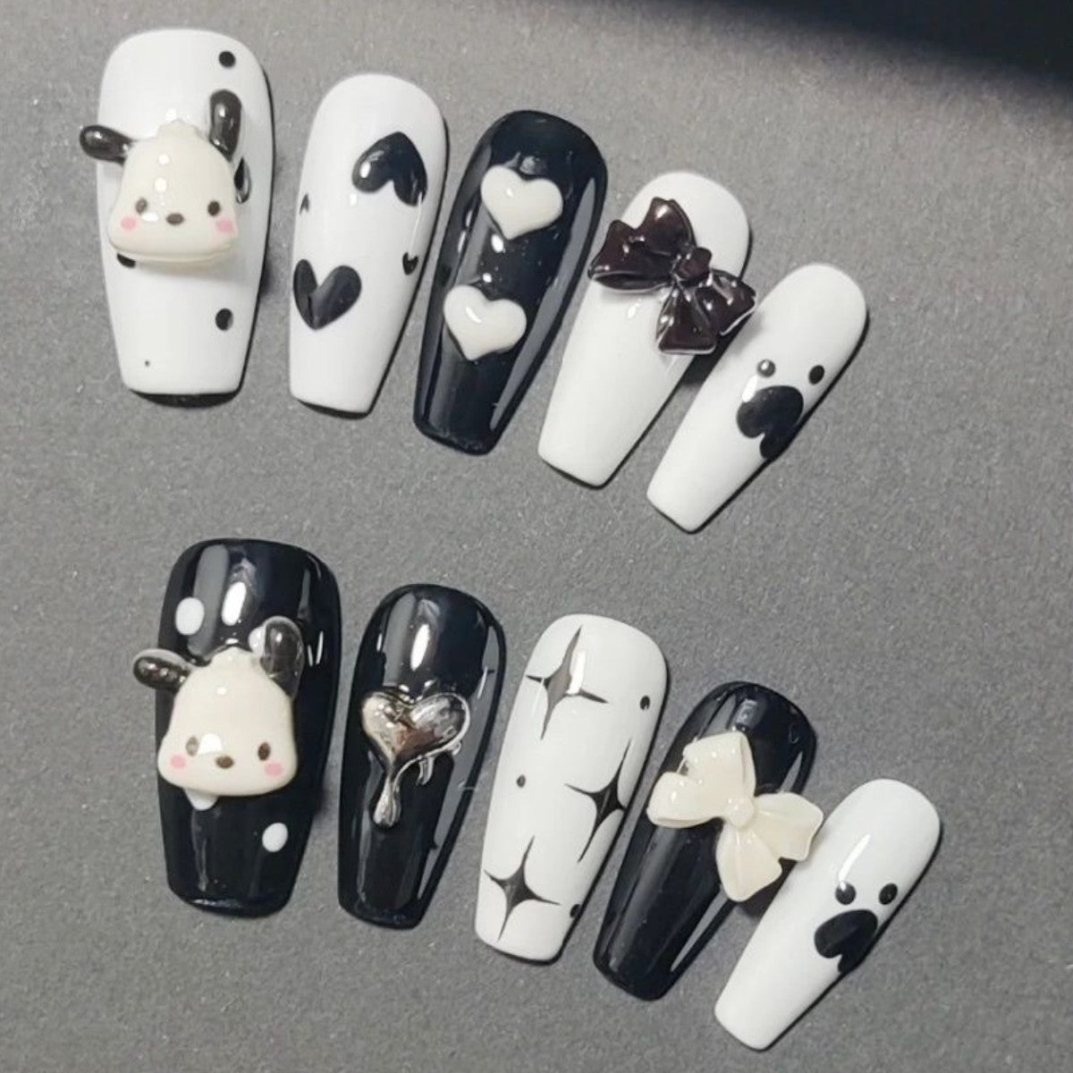 Sweet Pochacco Love| Long Coffin Manicure  | Handmade Press on Nails H52