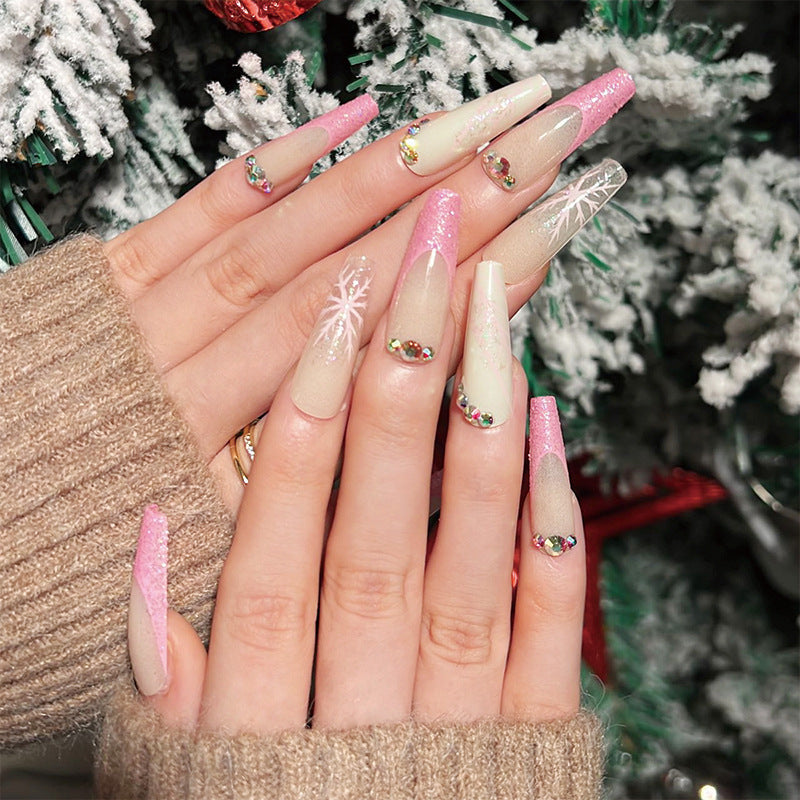 Snowy Pink Bliss | Long Coffin Manicure | Press On Nails N491