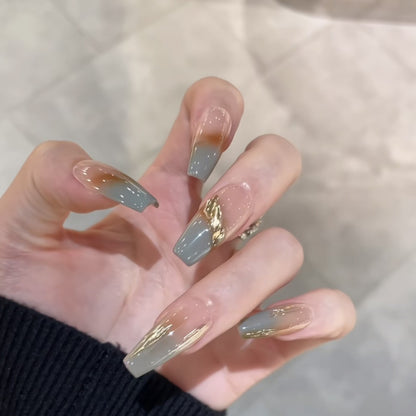 Misty Forest|Long Coffin Manicure| Handmade Press on Nails H150