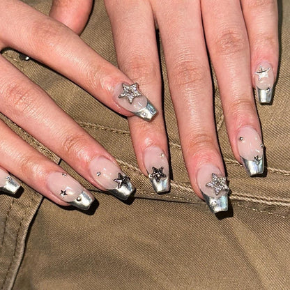 Graceful Silver Star | Long Coffin Manicure | Press On Nails N516