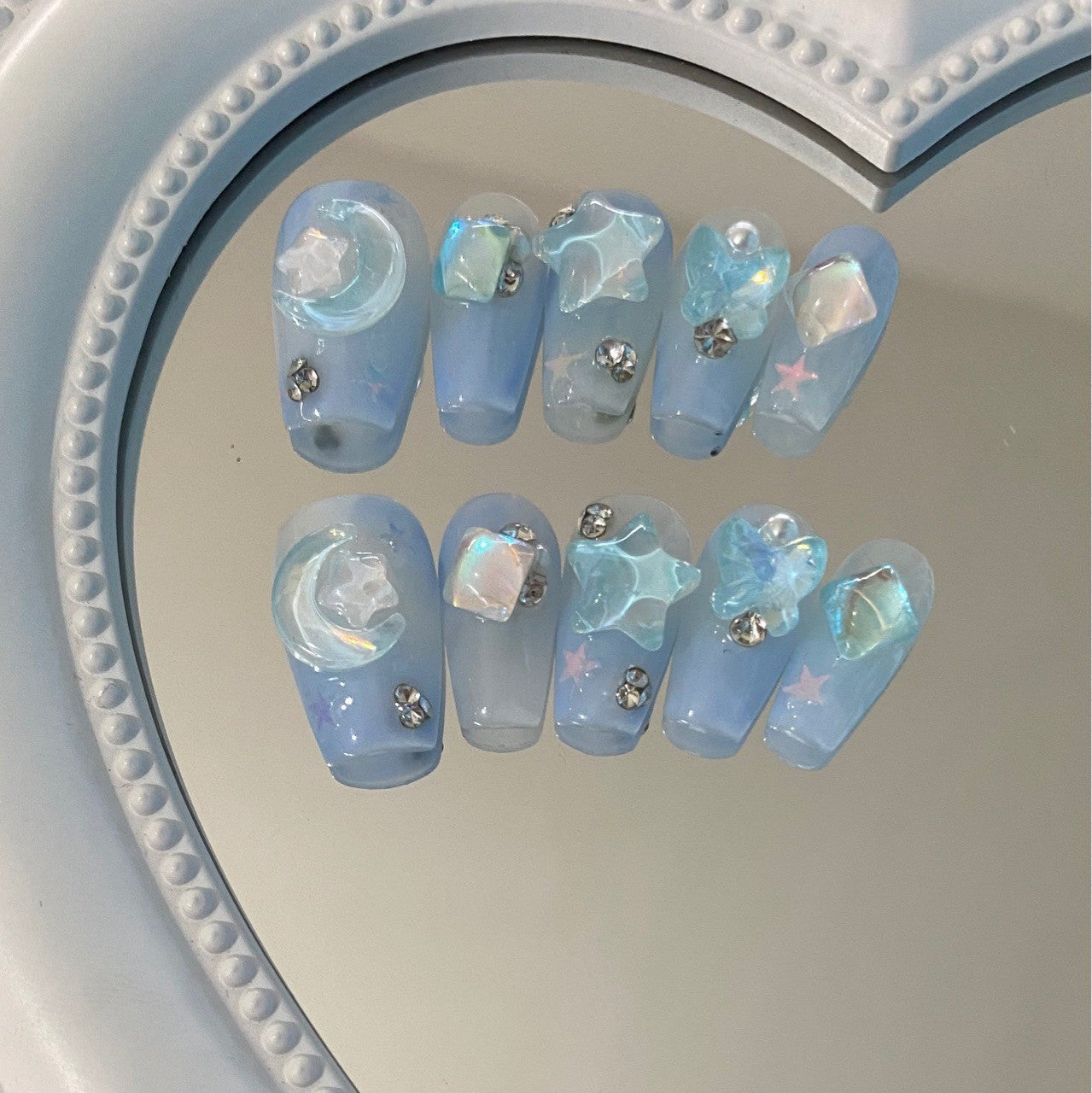 Azure Serenity| Long Coffin Manicure  | Handmade Press on Nails H13