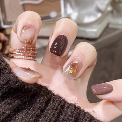 Brown Tortoise Shell Gold foil| Short Squoval Manicure | Press On Nail