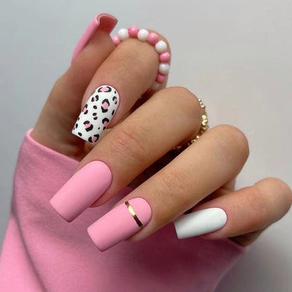 Pink Leopard Stripes| Medium Squoval Manicure | Press On Nails N435