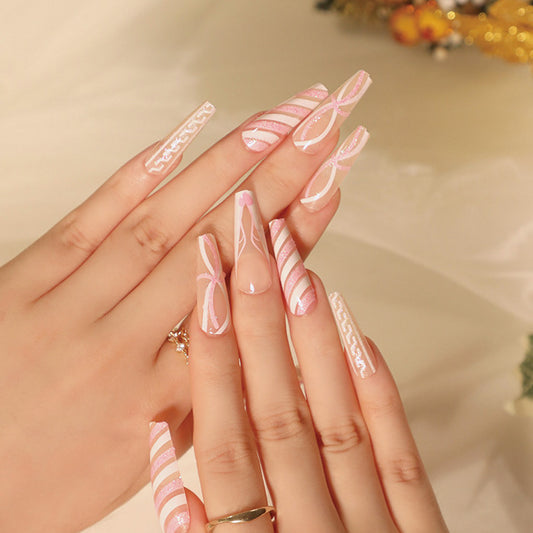 Pink Ribbon Delight | Long Coffin Manicure| Press On Nails N418