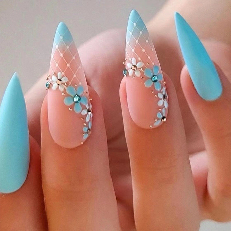 Heavenly Petals in Blue| Medium Almond Manicure | Press On Nails N548