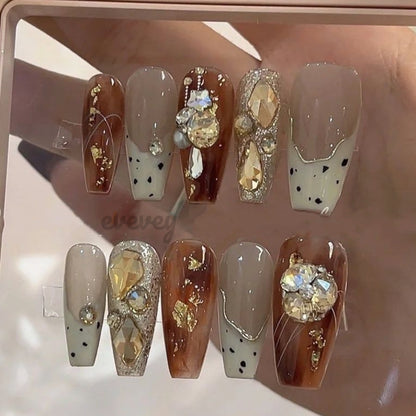 Golden Amber Haze  | Long Coffin Manicure  | Handmade Press on Nails H63