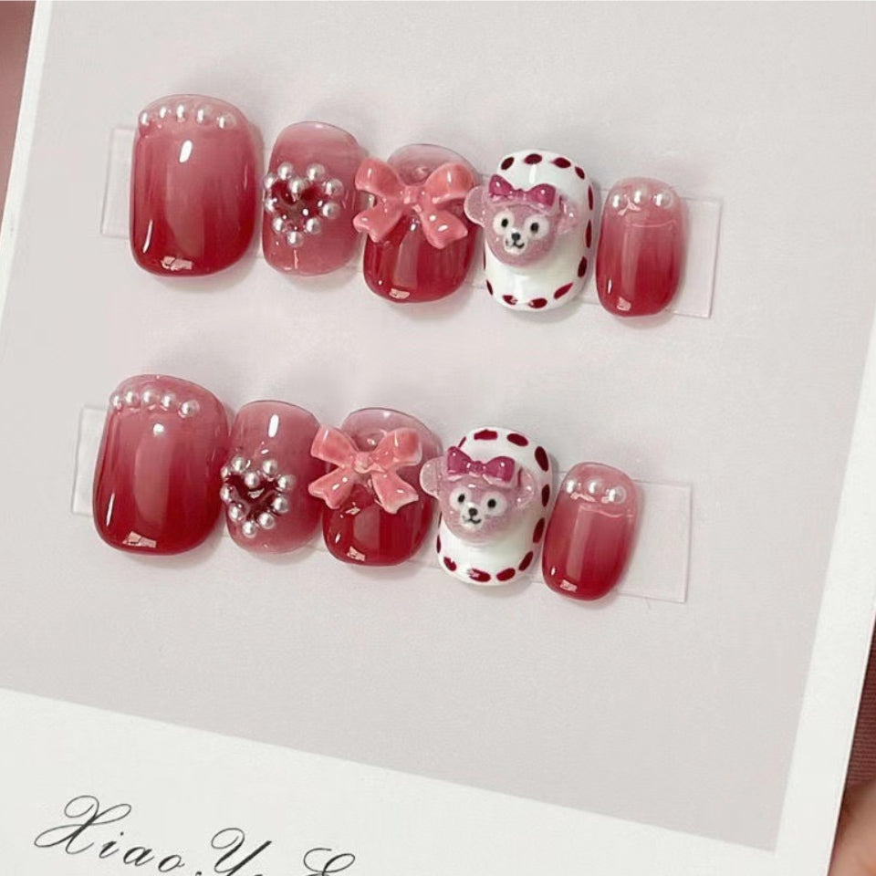 Lovely Strawberry Bear  | Short Squoval Manicure | Handmade Press On Nails H100