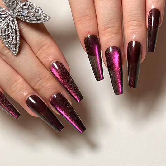 Bordeaux Glimmer Glam| Long Coffin Manicure | Press On Nails N655