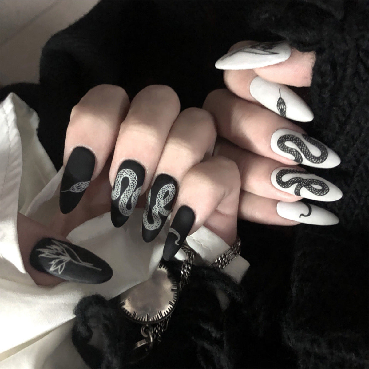 Gothic Serpent Monochrome| Medium Almond Manicure | Press On Nails N656